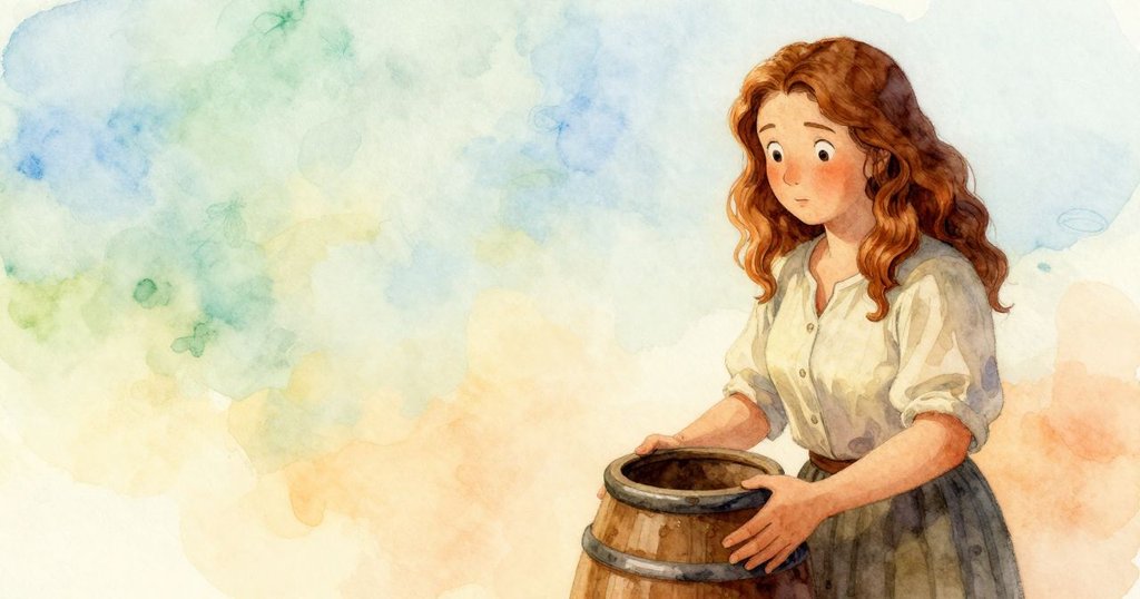 芙蕾雅在空曠鐘樓中輕輕把玩油桶，周圍有柔和燈光與空白空間，展現細膩探索情緒