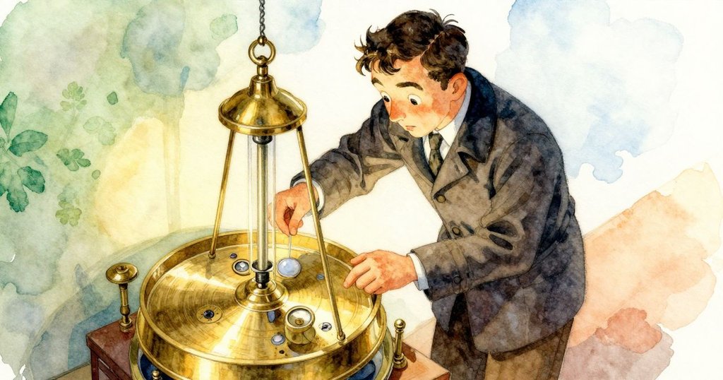 伊夫由上俯視鐘樓機芯，他小心觸碰銅製圓領，周圍光影交錯，神情中帶著慎重與驚奇