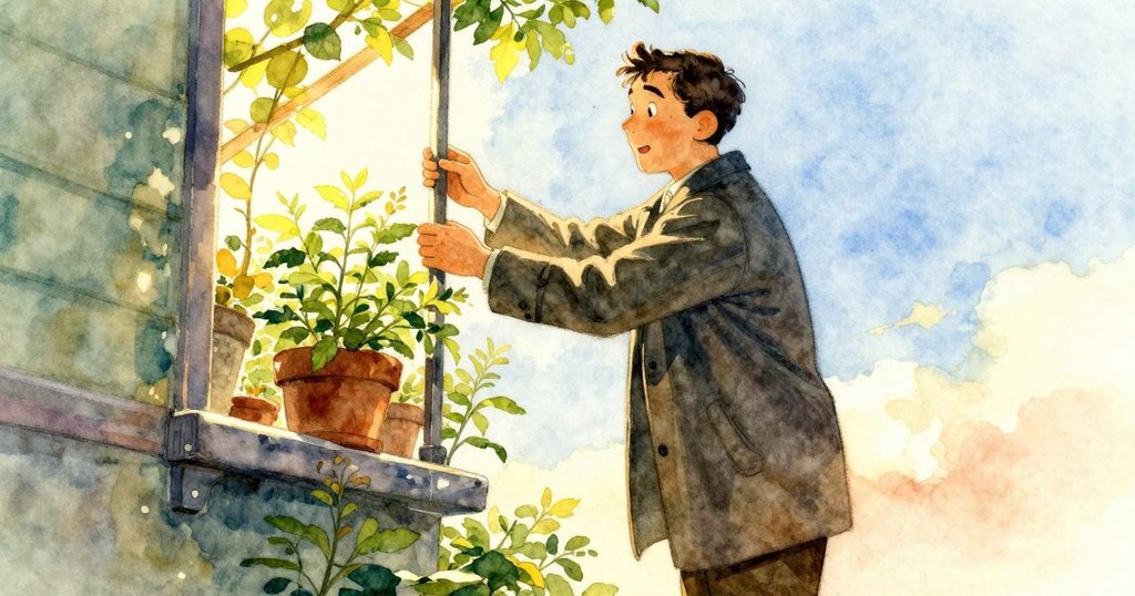 伊夫輕移窗台仙人掌，讓一道明亮光束照射機械杆，室內充滿欣喜與發現的氛圍