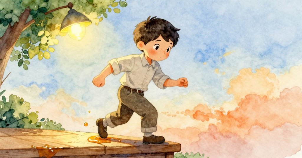 Drake走在木地板上,腳步輕穩測量距離,糖漿映出燈光光影,整體場景呈現溫暖與謹慎氣氛