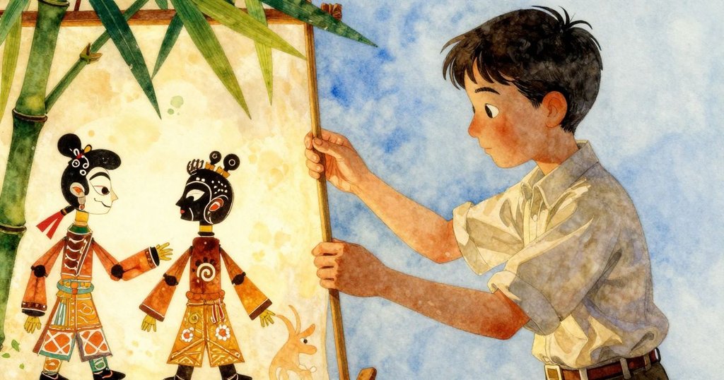 以Drake視角,可見他沾滿糖漿的手指握著竹棒,在柔和燈光下調整影偶布,畫面細節豐富展現專注情緒