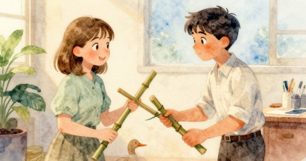 在後台室內,Drake將帶粘性的竹棒遞給Josie,旁邊備用扶桿靜臥於木台,燈光柔和,呈現溫馨合作氣氛