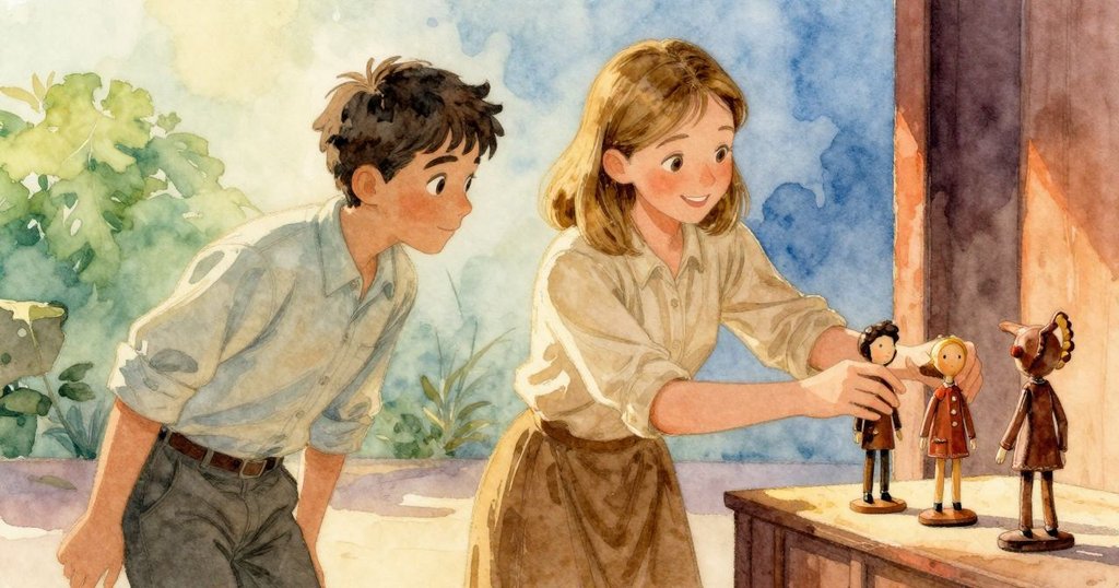 在舞台上,Josie仔細排列皮革人偶,Drake在旁注視,兩人默契互動,燈光溫暖,氛圍充滿合作與專注情感