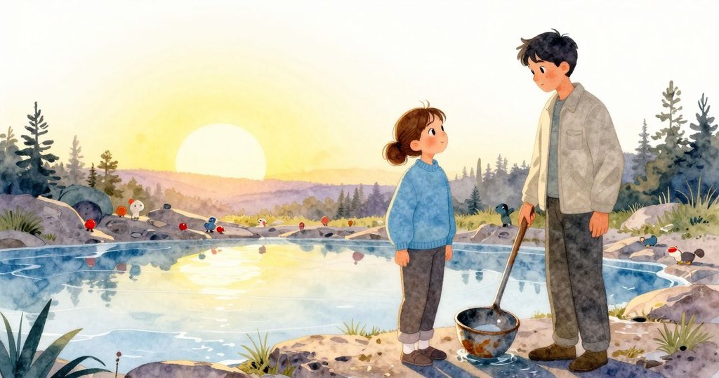 Bea和Miles在融冰池塘旁的花崗岩岸上，日出溫暖光線灑下，周邊有鳥鳴與小動物，表情充滿好奇和期待