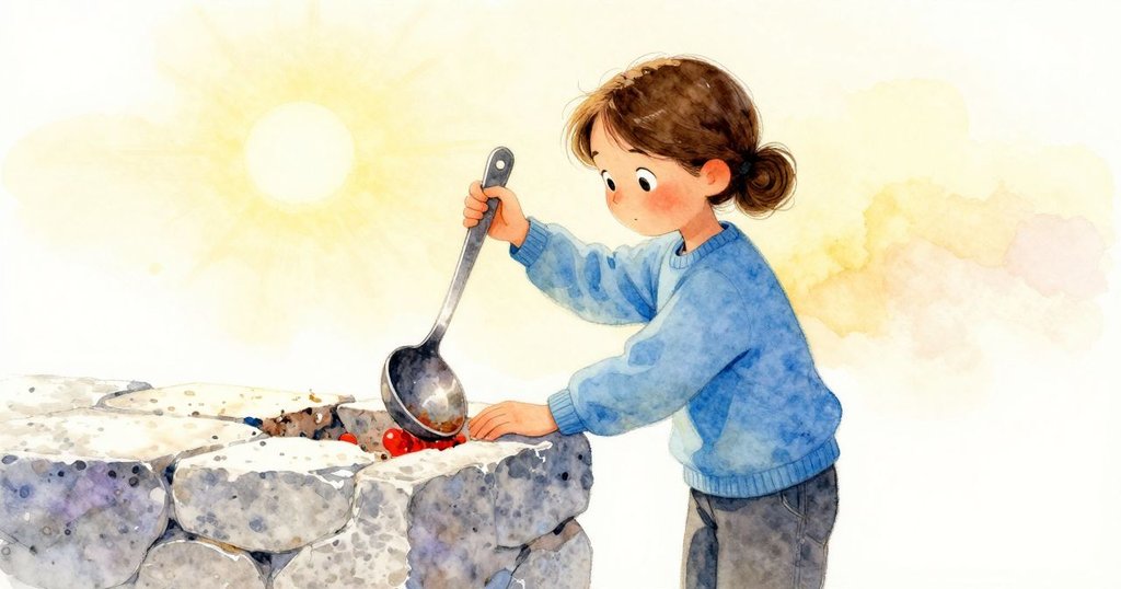 Bea在廣闊的花崗岩岸邊仔細測量匙子後面的亮石面，背景留白明顯，神情沉思