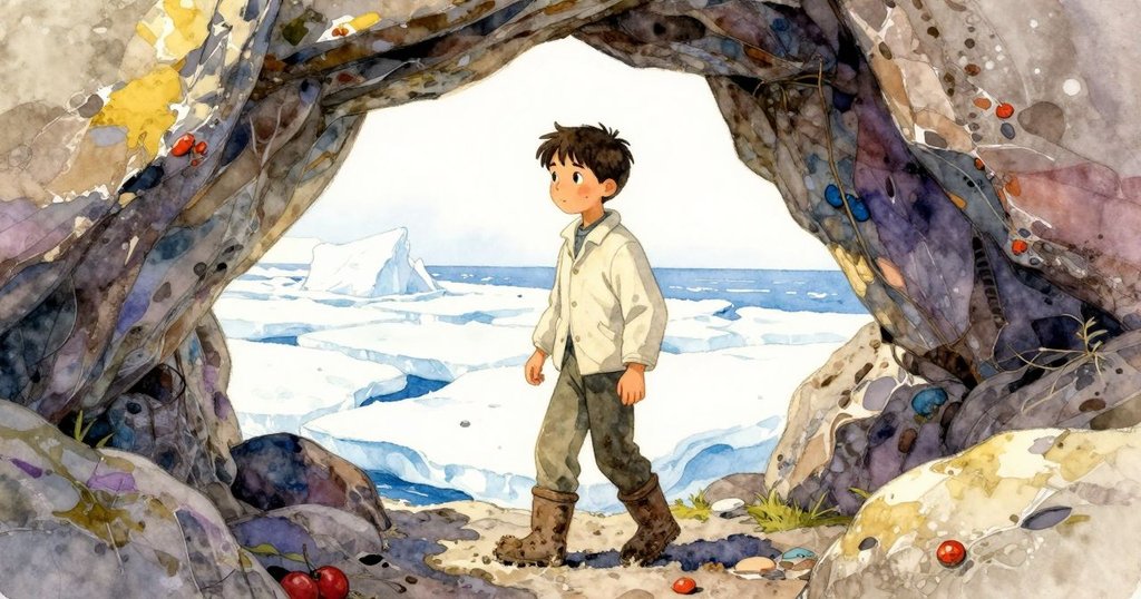 Miles穿著泥濘靴子走進隱蔽的岩石角落，冰層逐漸消退，環境透露出神秘與寧靜，他表情凝重