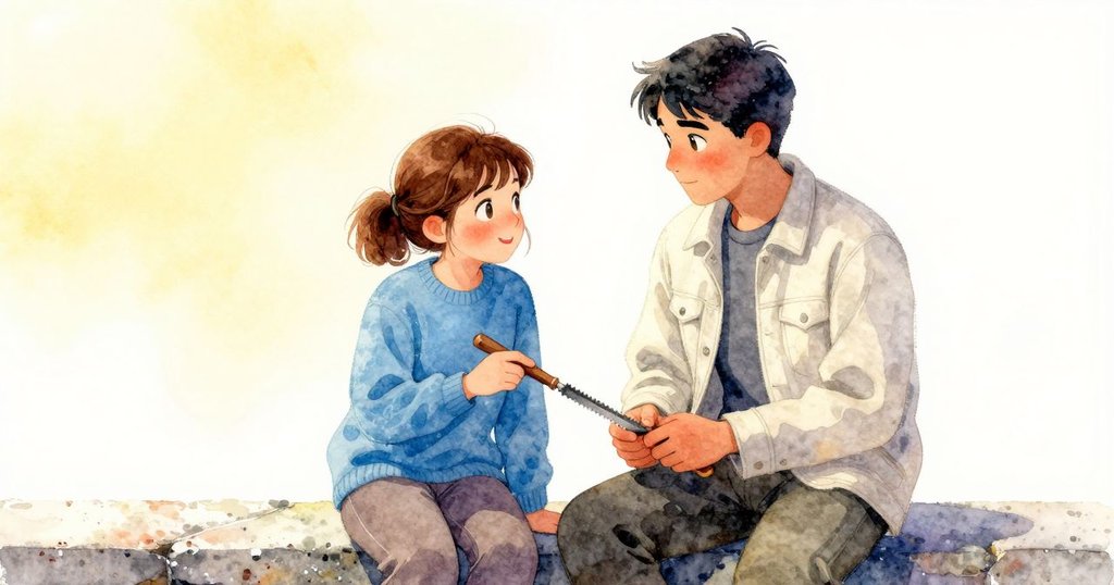 在石邊，Bea小心將匙子遞給Miles，後者專注檢查鑿子的鋒利切面，表情中流露出猶豫與決定