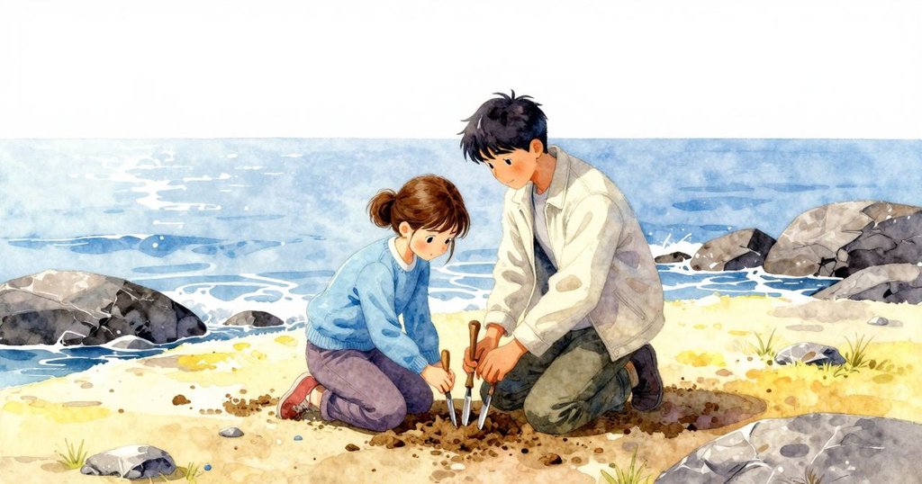 Bea與Miles並肩站在花崗岩岸邊，共同將鑿子定向內陸，水輕拍石面，兩人影子交融，流露出安靜理解