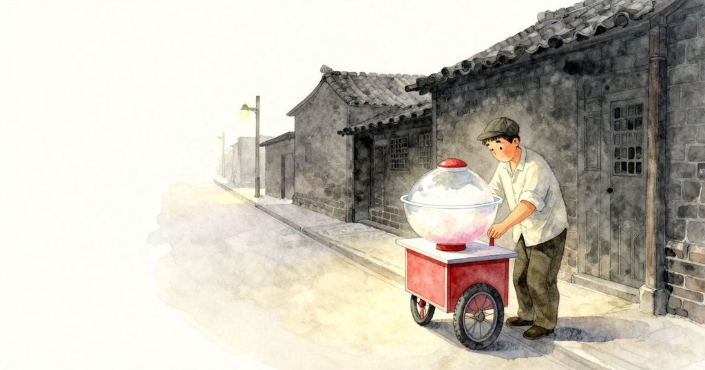 Everett在黃昏時於棉花糖推車前調整設備，紙錐整齊排列，燈光微暖，呈現充滿期待與神秘感的街道。