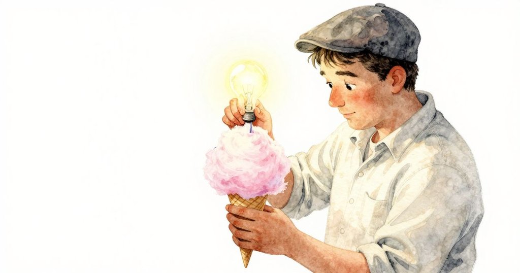 Everett正專心操作紙錐填補粉彩絲狀棉花糖，手法細膩，燈光溫暖，展現甜點製作過程。