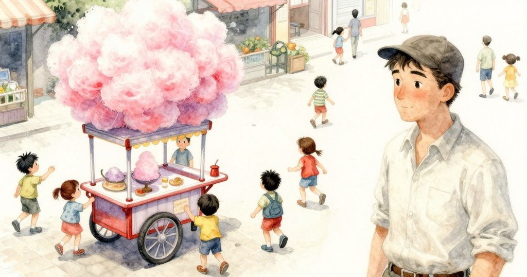 從高角度俯視，看到多位充滿期待的孩子向Everett的棉花糖車湧來，背景燈光溫暖，充滿活力與好奇。
