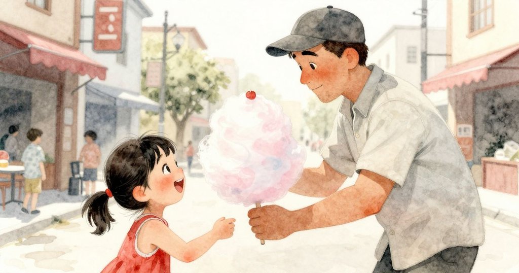 Everett將瑪瑙般的棉花糖遞給歡欣的小孩，彼此微笑互動，街道充滿溫暖與節慶的氛圍。