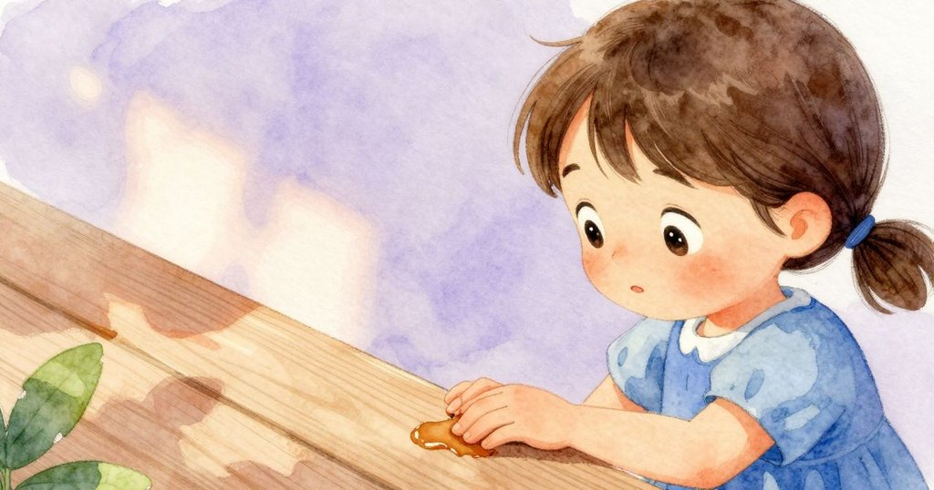 Cleo低頭仔細觸碰木板上黏膩油跡，眼神專注中透出疑惑與好奇，展現故事中細膩情緒轉折