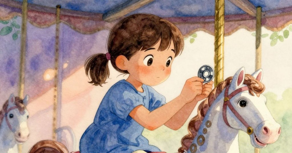 Cleo蹲在藍色木馬旁，低角度呈現她認真檢查毛邊螺絲的堅定神情，周圍機械細節突顯故事轉折