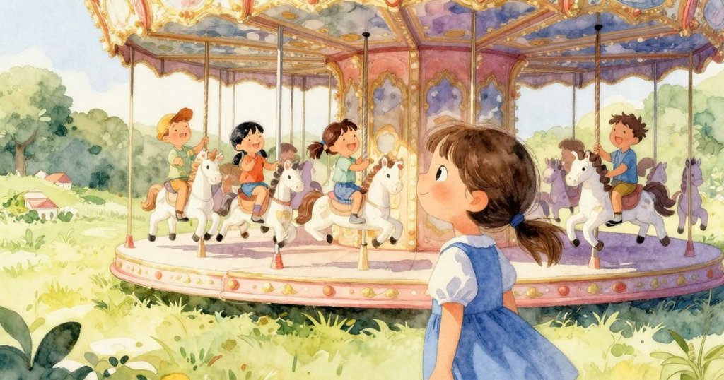 旋轉木馬上家長與孩子共享歡笑時光，背景繽紛畫板與柔和金光營造出熱鬧而夢幻的慶祝氛圍