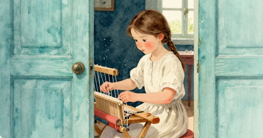 透過半掩門縫觀察室內，Fiona專心於織布機工作，光線中塵埃飄舞，呈現靜謐勞作畫面