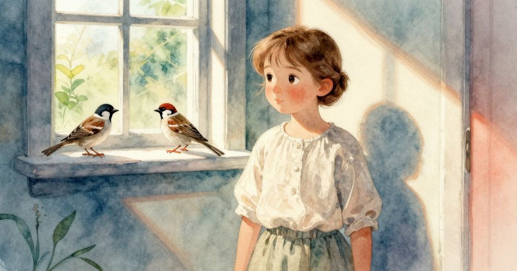 Fiona忙於織布時，窗邊麻雀靜立，陽光輕拂陰影交錯，展現自然與魔幻交融氛圍