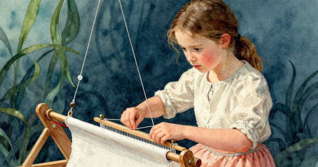 Fiona緊張調整織線，手部特寫展現織布細節，梭子短暫停滯，神情凝重流露挑戰感