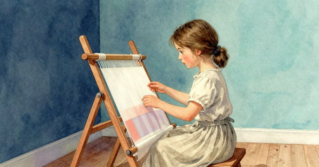 最終畫面中，Fiona靜觀織布機穩定運作，破碎光芒映照不完美條紋，室內洋溢著溫暖與平靜情懷