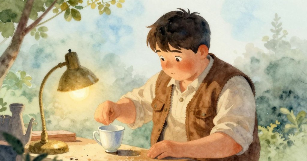 Graeme在舊工作室中凝視著搖晃的瓷杯,晨霧柔光映照,工作環境寧靜,充滿期待與溫暖氛圍