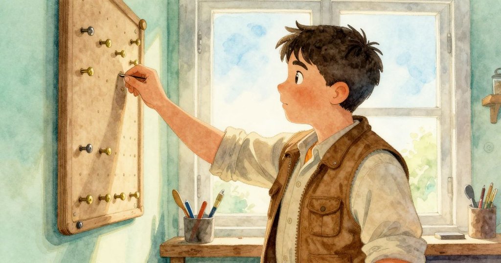 Graeme走向靠近窗戶的掛板,從中取下一枚銅釘,晨光與室內溫暖光線交錯,充滿專注與過渡感