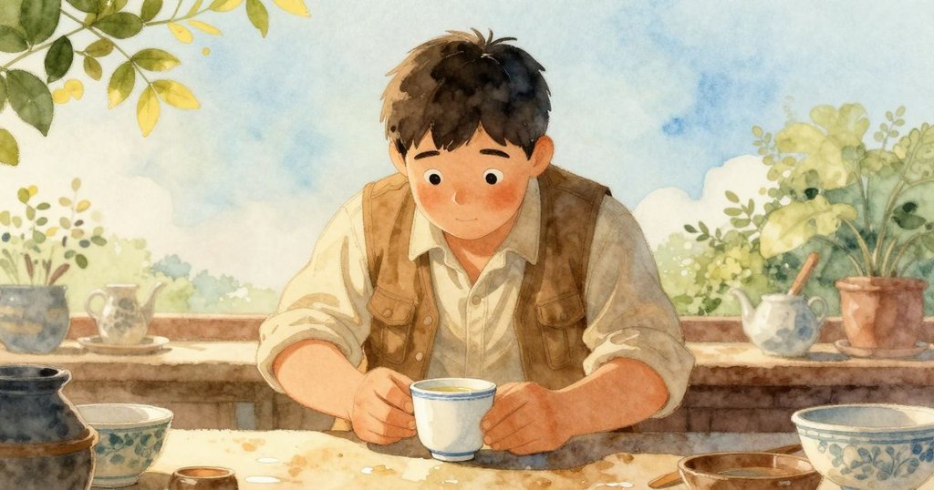 Graeme輕輕將瓷杯豎立在工作台上,液態光反射修復後的圓筒,工作室沉浸在寧靜與和諧的溫暖光芒中