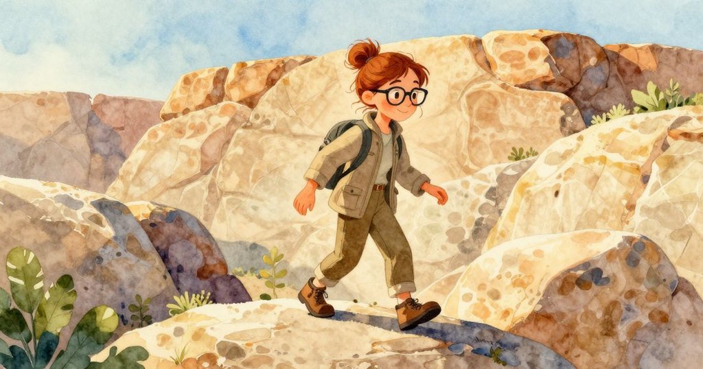 在板道上，Greer 踏上萊姆白色岩石，背景呈現層疊石灰華和輕柔蒸氣，神情充滿好奇與期待。