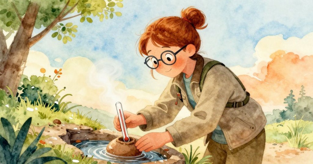 在溫暖晨光中，Greer 蹲下仔細觀察充滿銹橙斑點的黏土溫度計，蒸氣在四周輕繞，神情專注且驚奇。