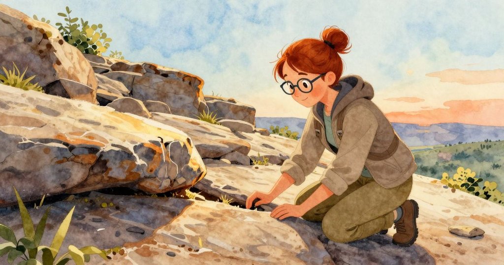 Greer 膝蓋觸碰溫暖玄武岩，細查層次分明的石灰華與神秘隆起，背景蒸氣與晶體交織，畫面層次豐富。