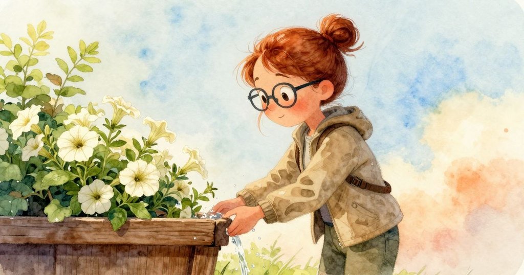 在繽紛花卉映襯下，Greer 站在木製花槽旁，注視水滴滴落映出纏繞根系，神情充滿期待與好奇。