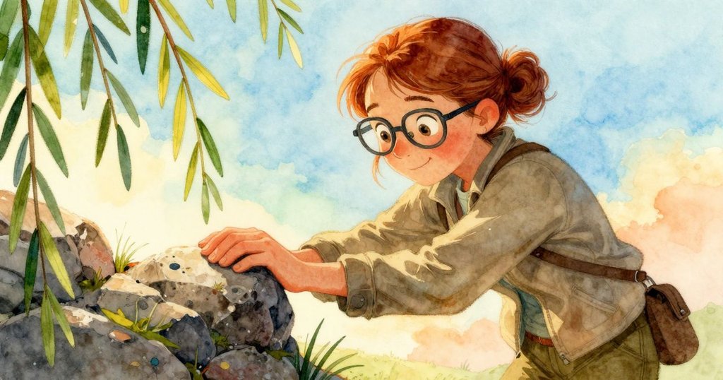 Greer 用拇指壓在石塊上，試圖利用柔柳枝作杠桿，臉上露出微蹙的挑戰神情，充滿堅持與困難感。