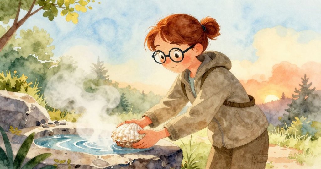 Greer 輕輕舉起內藏根文的淡白殼片，凝視著蒸汽騰騰的溢流通道，臉上流露出希望與期待，暗示冒險續章。