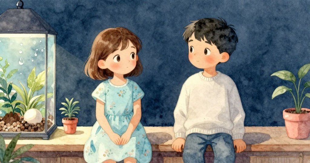 奧黛特和科爾站在溫暖的房間內，注視著玻璃容器中滴水順曲線滑落，充滿期盼與好奇。