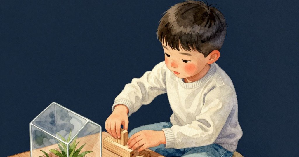 科爾從高處俯視調整木塊以穩定架子，專注表情映出室內溫暖的光線與細節。