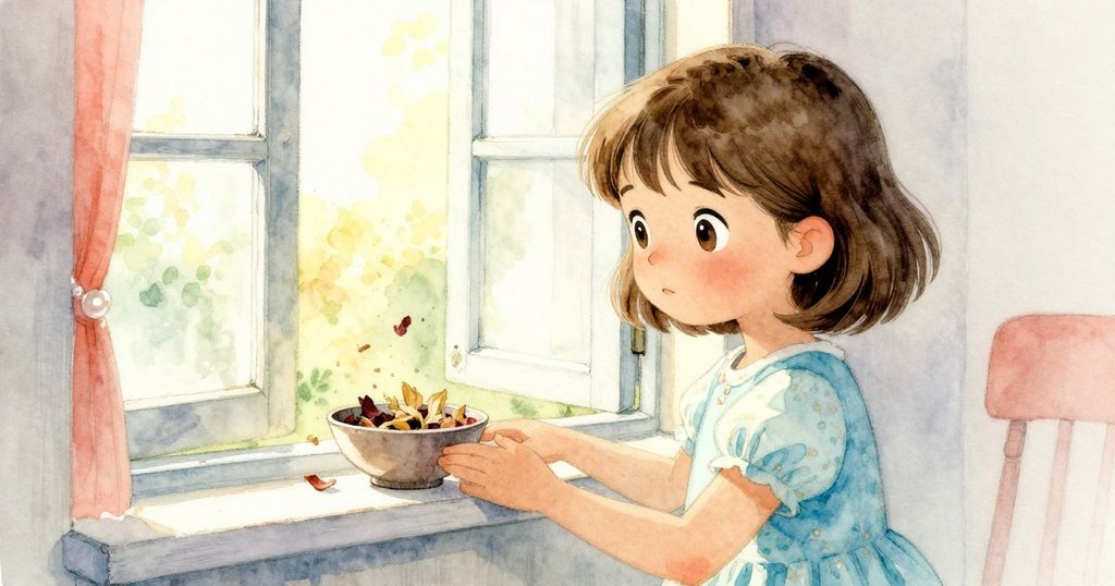 奧黛特站在敞開的窗邊，輕撥盛滿香料的花瓣碗，溫暖光線與季節氣息交織，情感細膩流露。