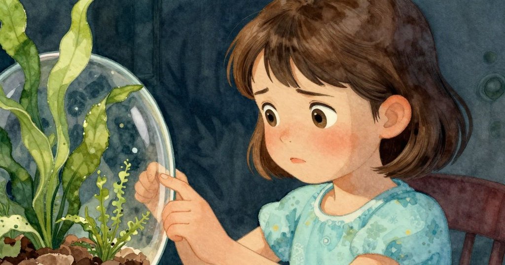 奧黛特凝視著玻璃容器，手指輕觸水滴表面，表情流露出內心掙扎與思索，光影柔和。