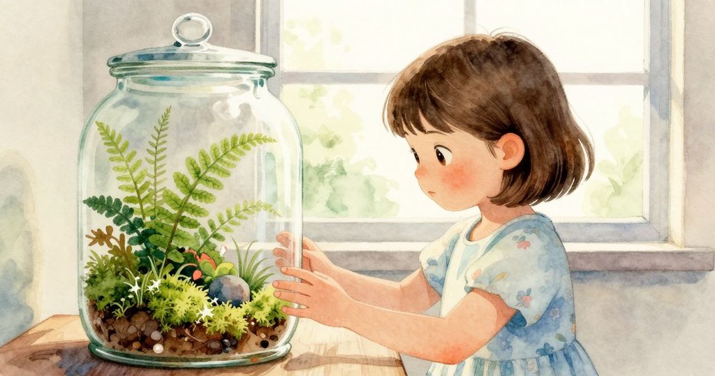 奧黛特溫柔推動玻璃容器，內部苔蘚與蕨葉細節展現微觀世界，場景恢復和諧，光線明朗。