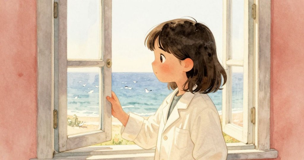 雅拉走向敞開的窗戶，室內外景融合，海岸線及遠方鷗鳴呼應隱藏空間中的自然連結