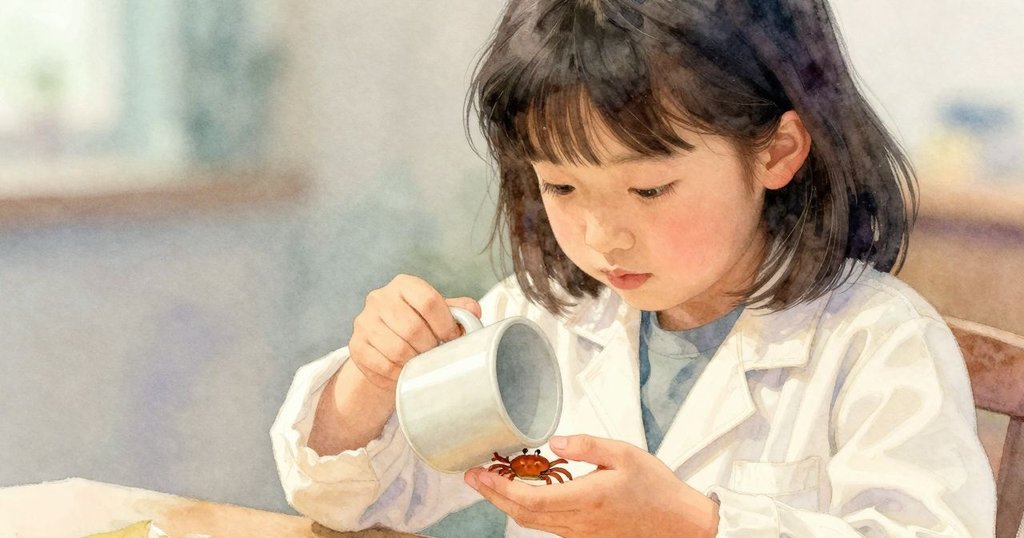 雅拉伸手精心舉起倒扣杯蓋住顫動小蟹，專注神情與微妙光影定格緊張卻溫柔的瞬間