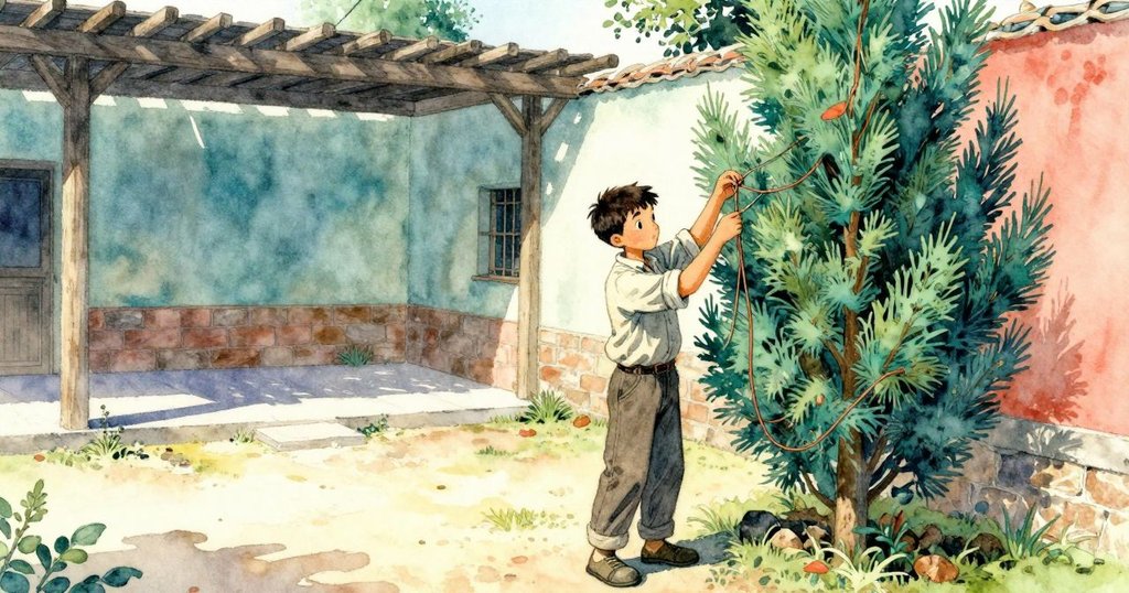 男子在庭院濾光下於盆景桌旁仔細調整銅線，背景有古老樹木與斑駁光影，展現專注平靜氣氛。