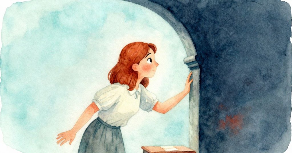 女子從拱門後靜靜觀望，臉上流露好奇與期待，柔和光線映襯背景庭院，充滿溫暖氛圍。