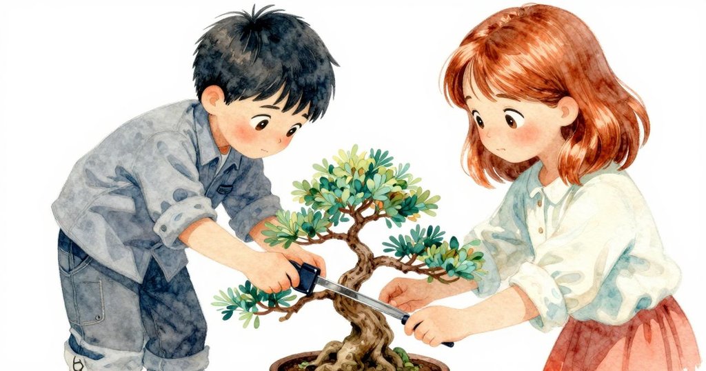 男子手部特寫使用凹形刀修整盆景枝條，精細銅線在光影中展現工藝魅力，技術與藝術並存。