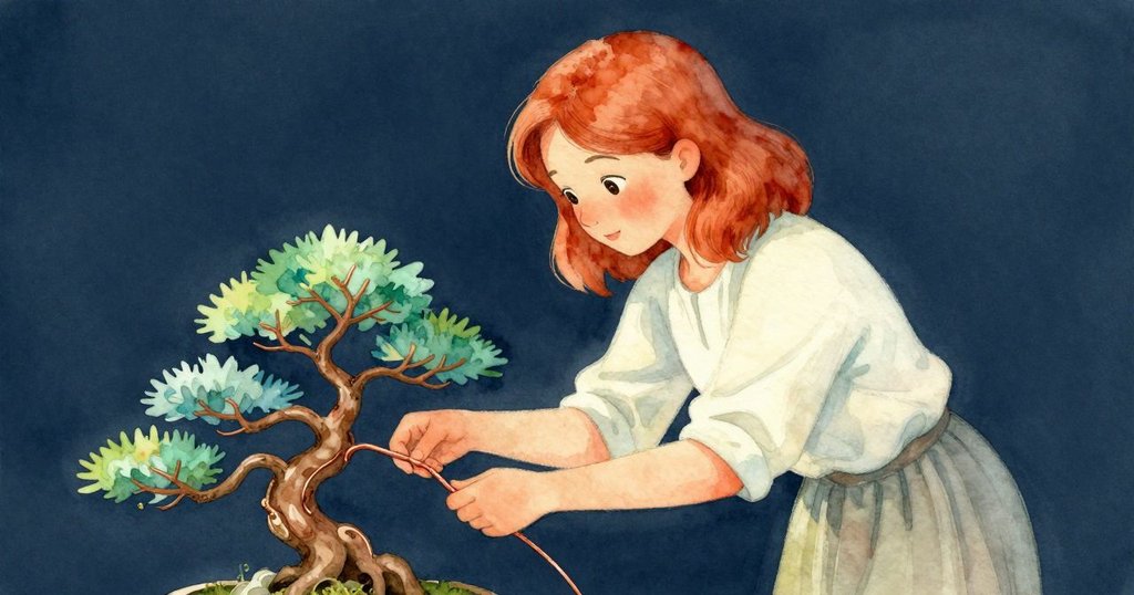 女子在盆景桌前主動接手，專注纏繞銅線於樹枝上，手法流暢自信，陽光投射溫暖光影。