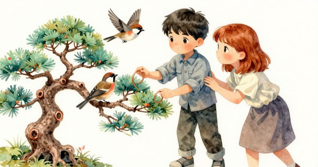 高角度俯視下，盆景枝上懸掛著未定銅線圈，兩隻麻雀輕舞飛翔，細節豐富呈現製作過程。