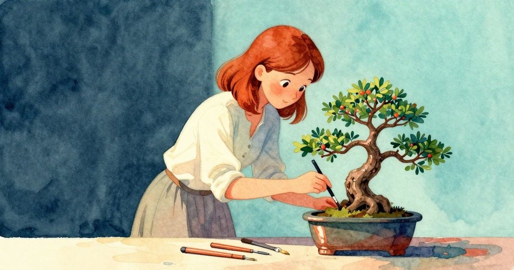 女子收起工具離開，完成帶銅色點綴的盆景作品置於花盆上，庭院柔光灑落，呈現圓滿與寧靜收尾。