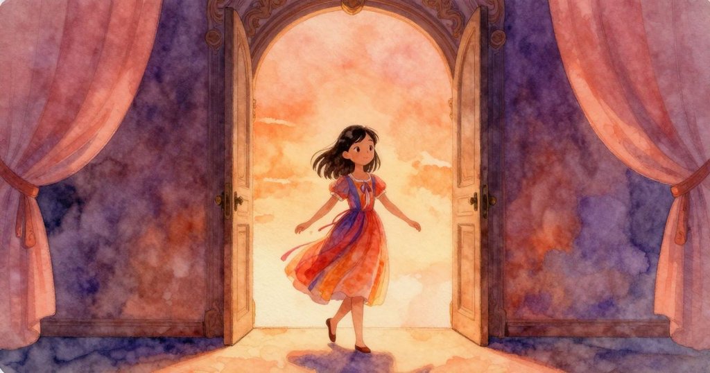 伊內茲走進舞台門口，燈光柔和，充滿期待與決心，背景展示傳統劇場細節