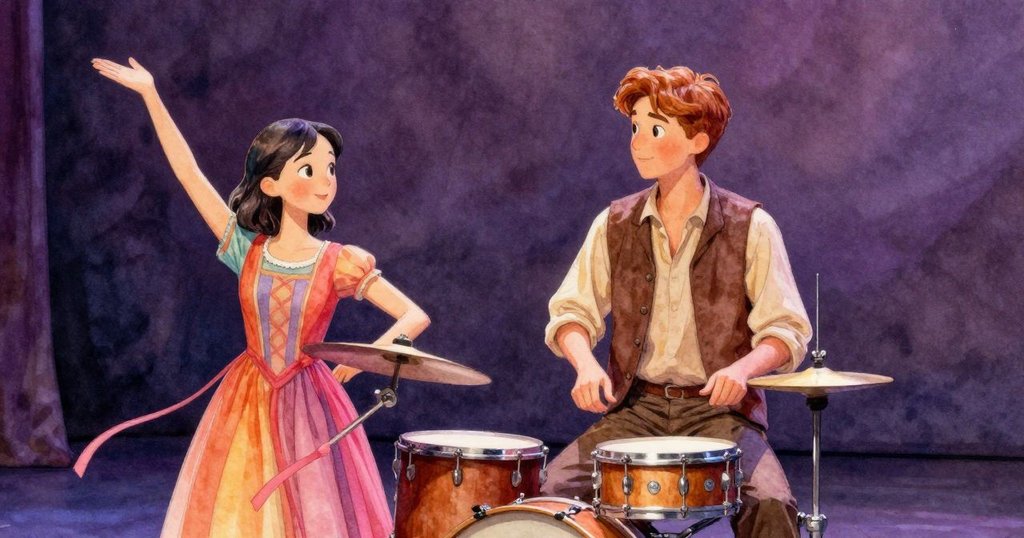 伊內茲與格蘭特同台表演，層次分明的背景中淡粉絲帶飄舞，展現音樂交流