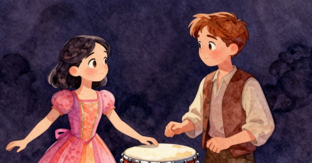 伊內茲與格蘭特表情凝重，交換眼神，鼓面旁淡粉絲帶映襯出挑戰與決心