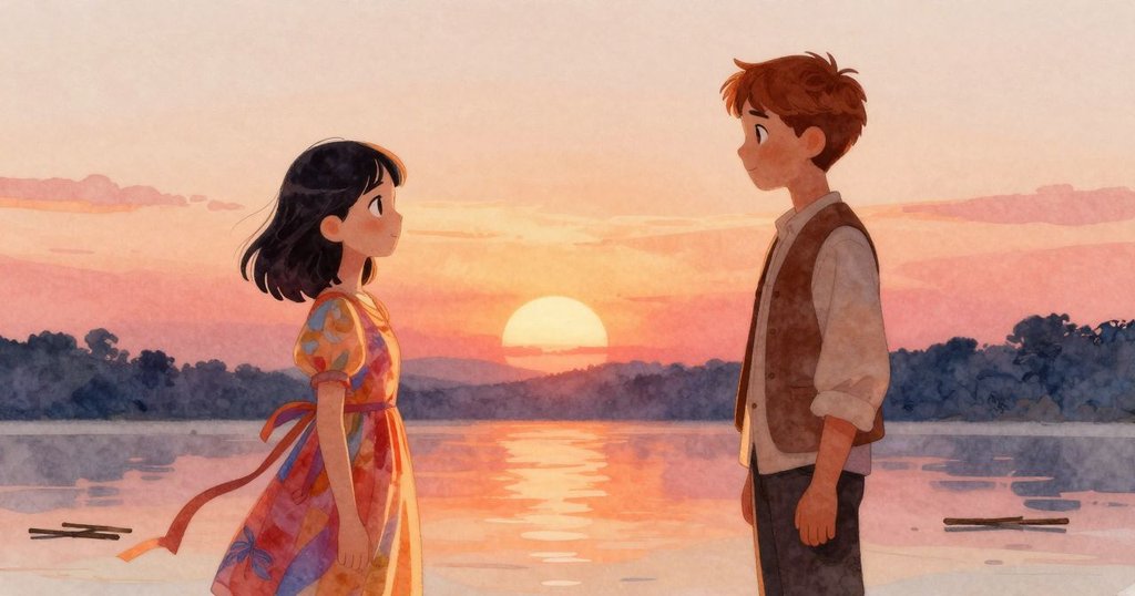 夕陽餘暉中，伊內茲與格蘭特共享溫暖微笑，台上粉帶與雙棒靜臥，展現音樂旅程完美落幕