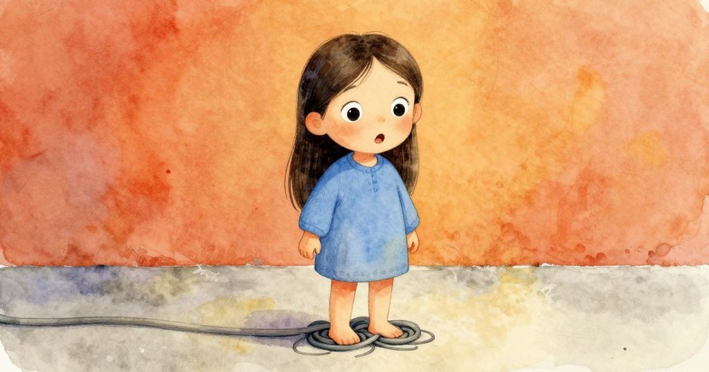 Glynis的腳不小心碰到迴繞的水管，混亂中釋放出驚訝與玩味，地面有水珠滴落，故事發展初現。